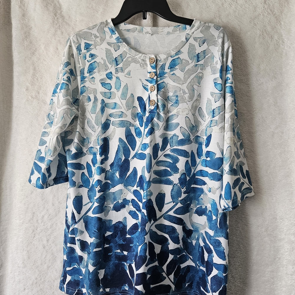 Blue Leaf-Print Henley Tunic Top - Casual Women's Cotton Blend